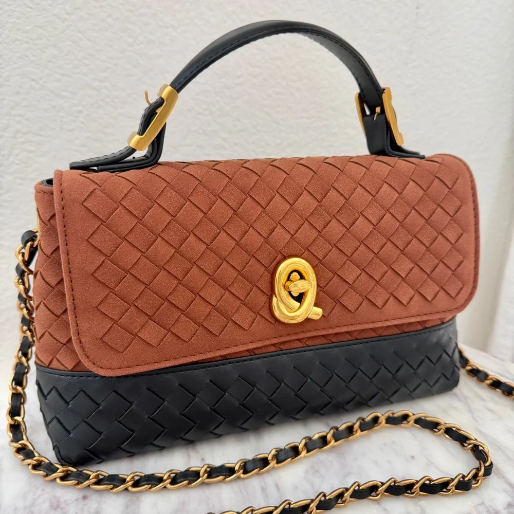 Brown Black Two-Tone Woven Leather Top Handle Crossbody Chain Strap Bag - Picture 4 of 14